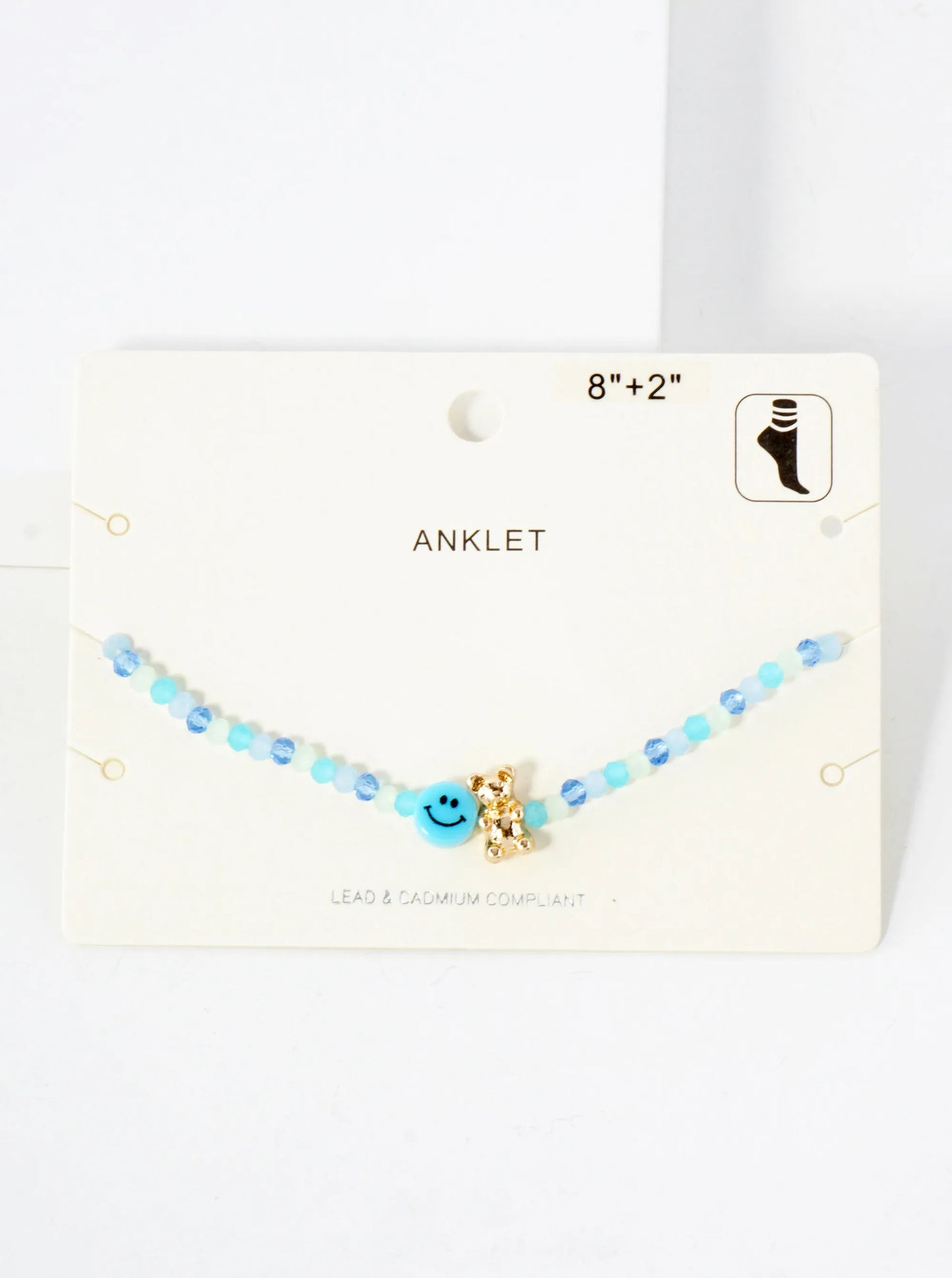Faceted Glass-Beaded Smiley-Face Gummy-Bear Charm 8-Inch Anklet