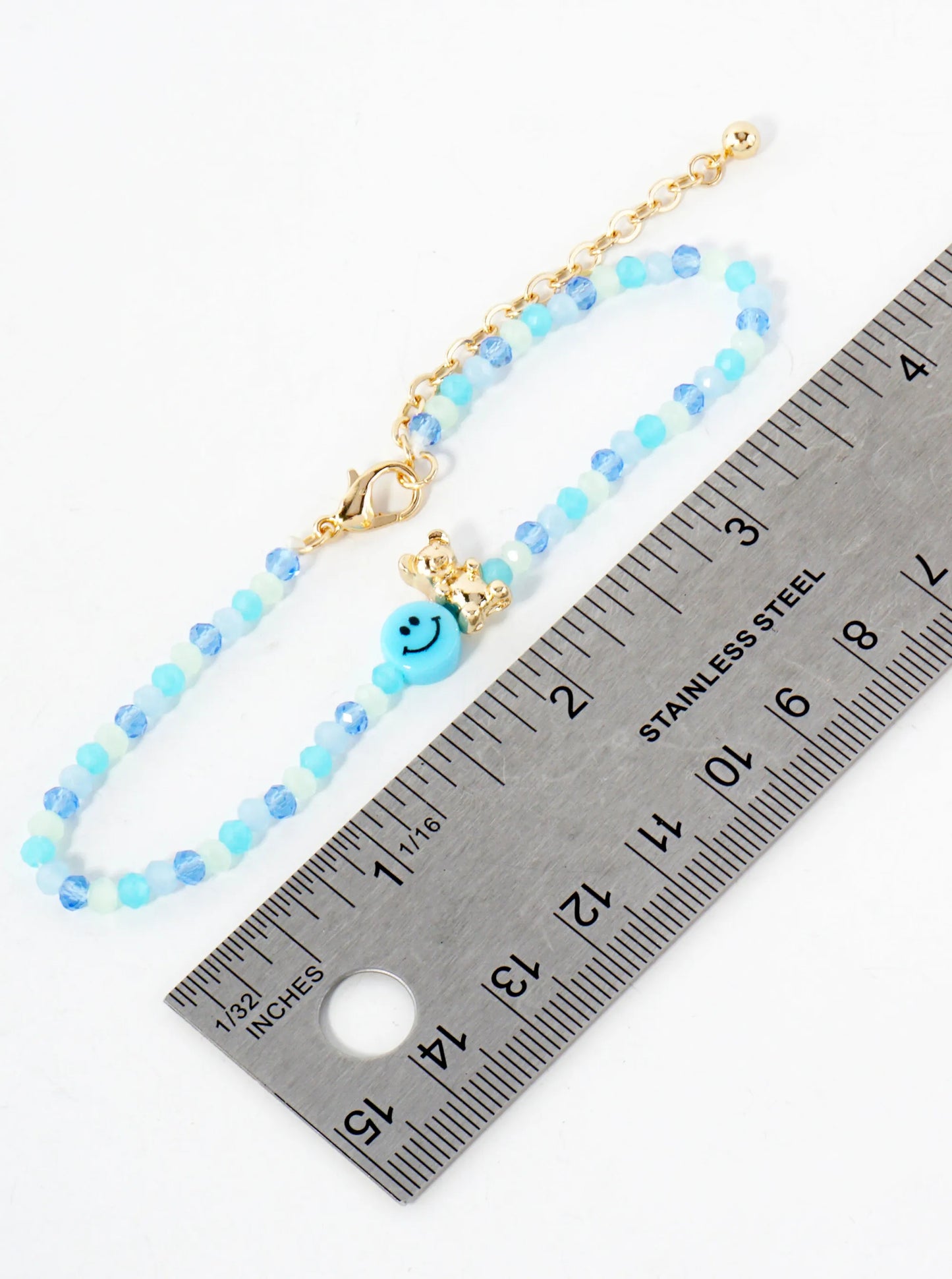 Faceted Glass-Beaded Smiley-Face Gummy-Bear Charm 8-Inch Anklet