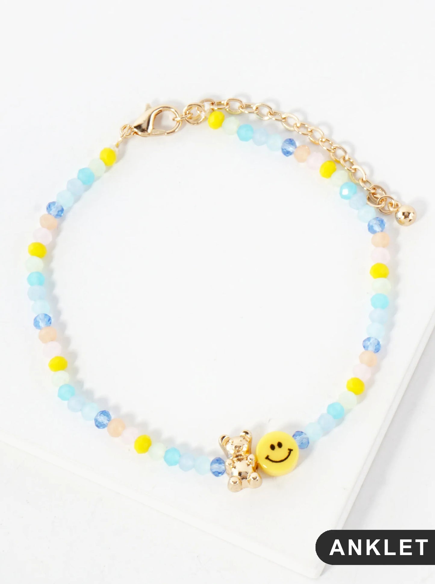 Faceted Glass-Beaded Smiley-Face Gummy-Bear Charm 8-Inch Anklet