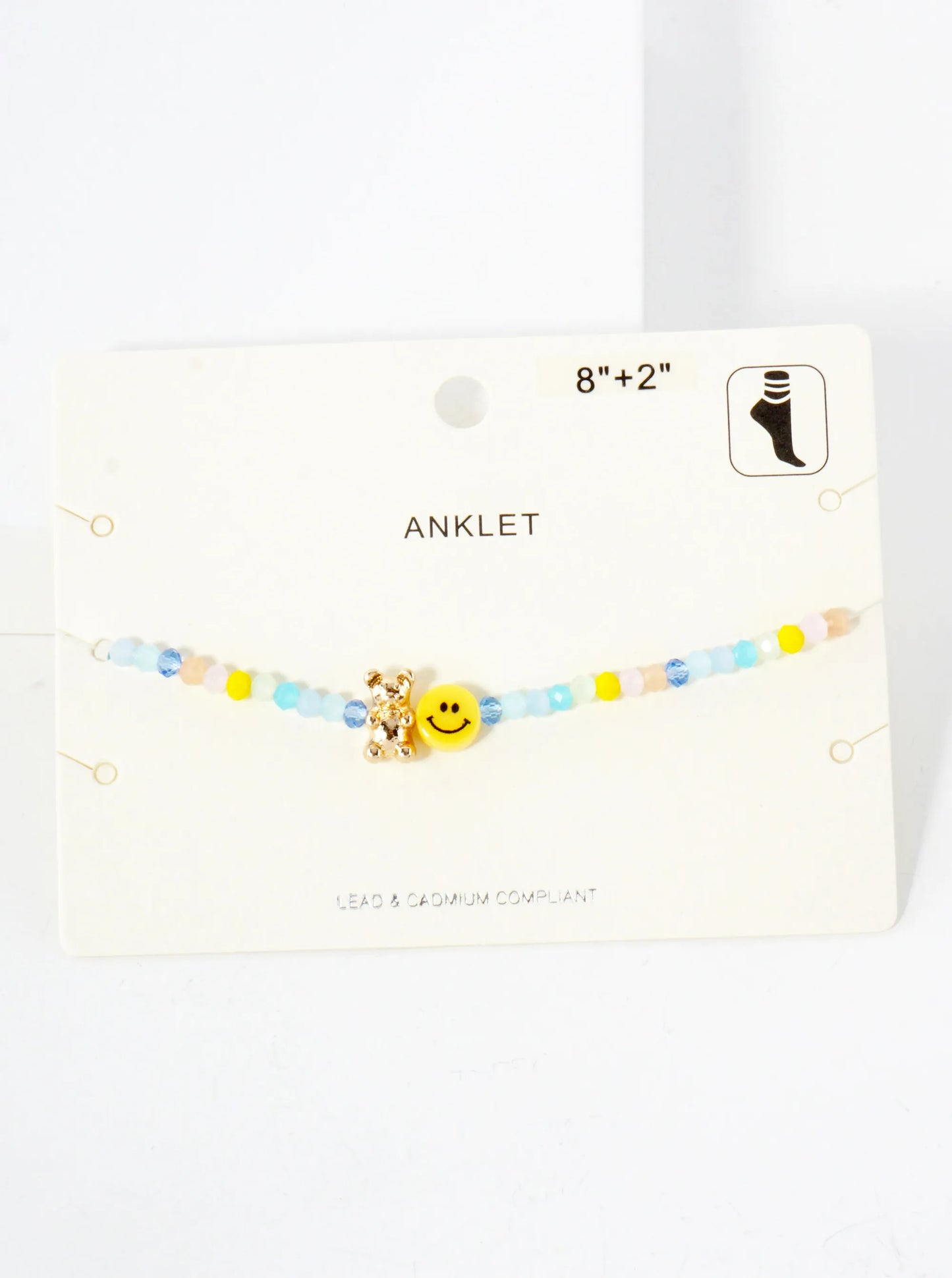Faceted Glass-Beaded Smiley-Face Gummy-Bear Charm 8-Inch Anklet