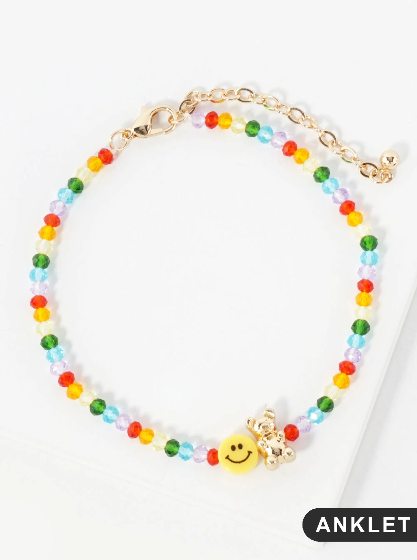 Faceted Glass-Beaded Smiley-Face Gummy-Bear Charm 8-Inch Anklet