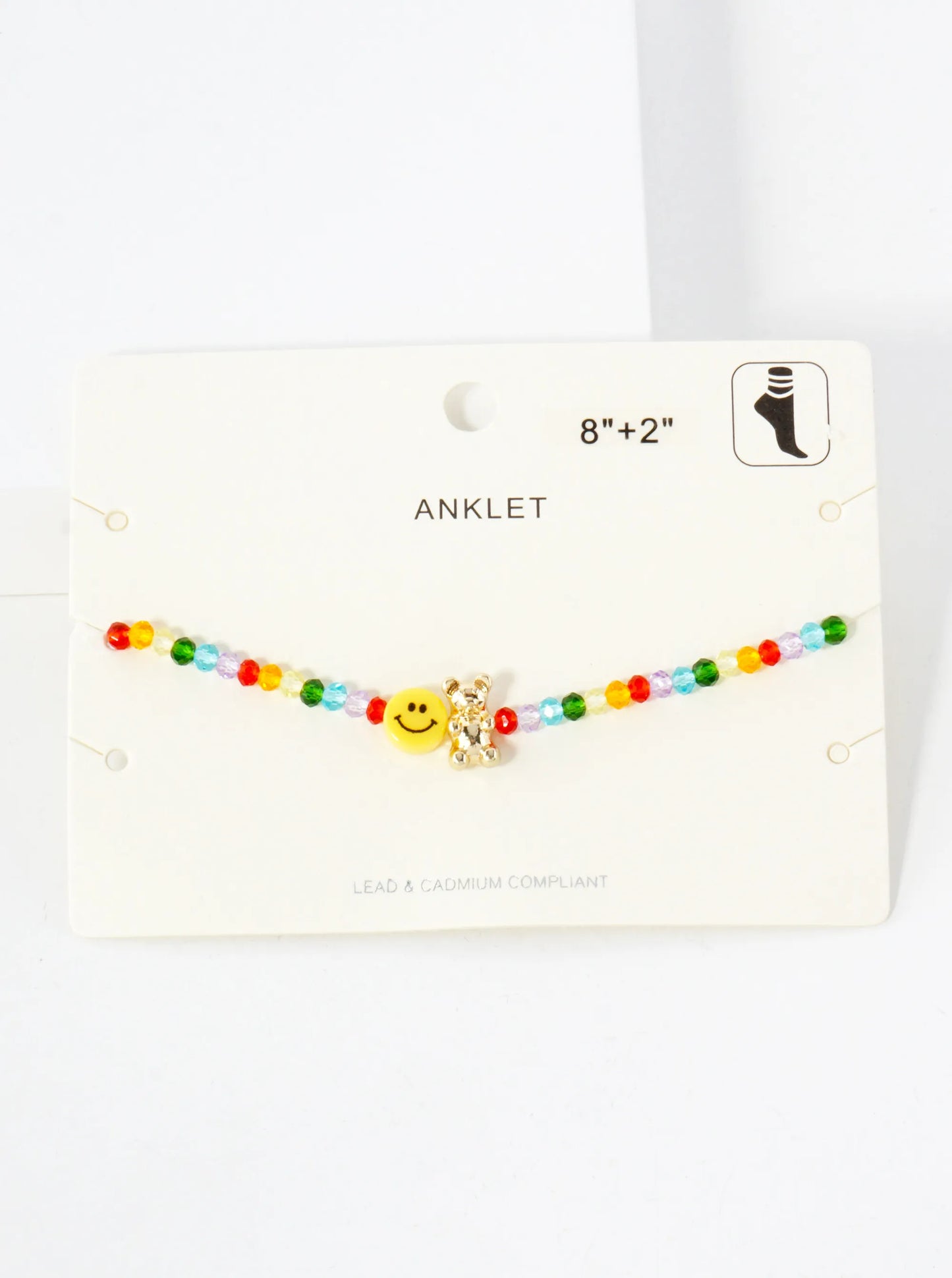 Faceted Glass-Beaded Smiley-Face Gummy-Bear Charm 8-Inch Anklet