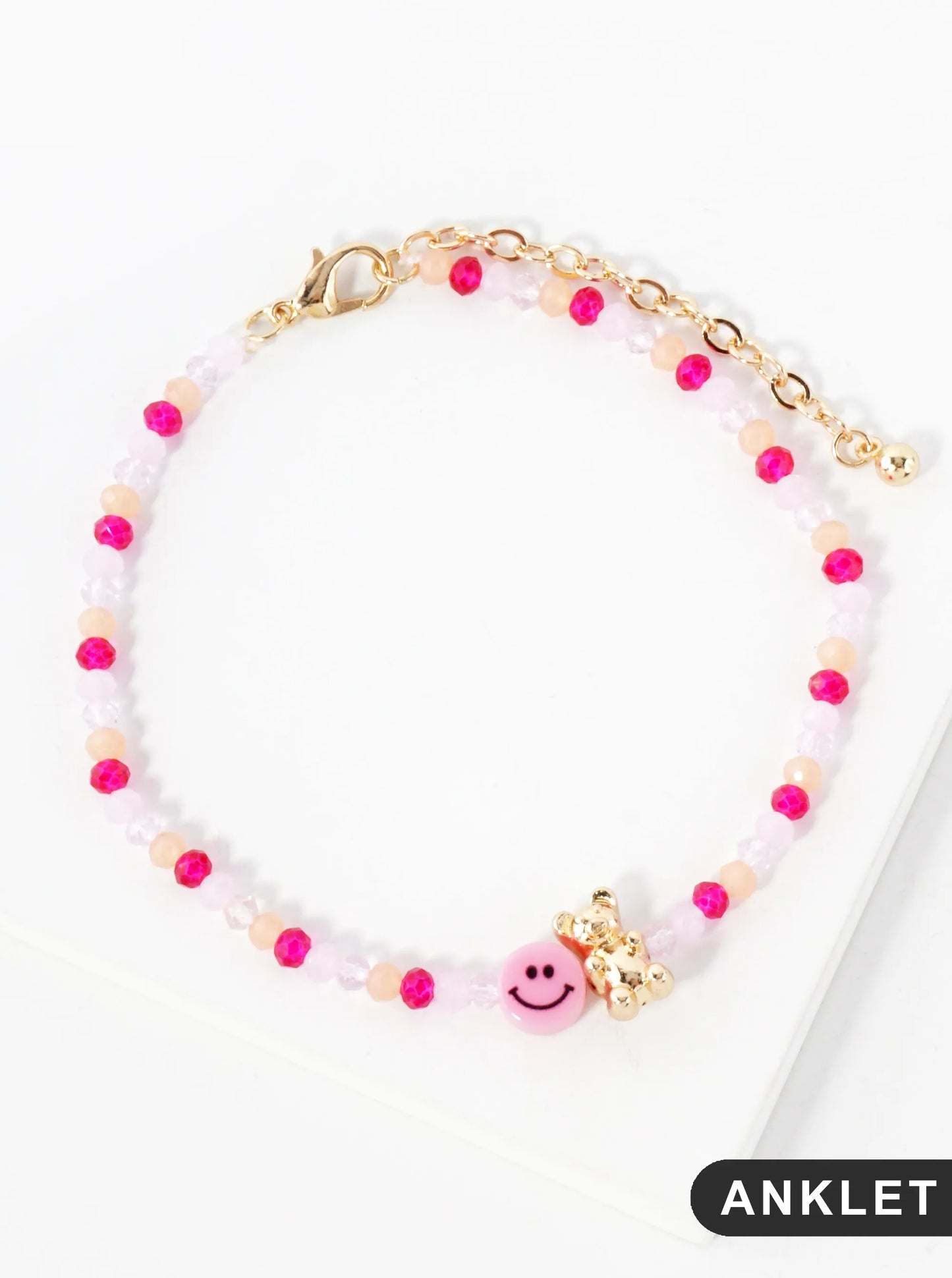 Faceted Glass-Beaded Smiley-Face Gummy-Bear Charm 8-Inch Anklet