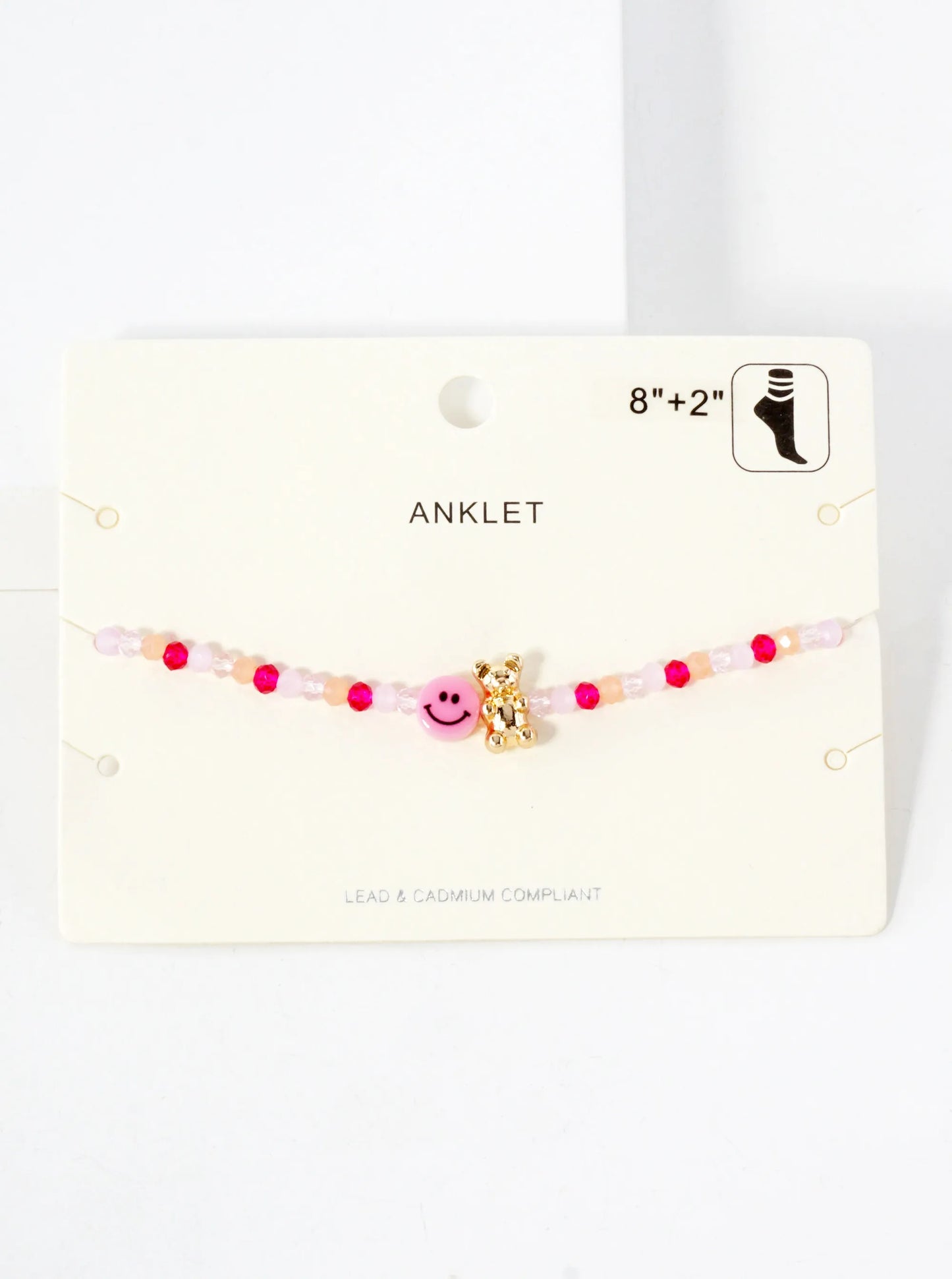 Faceted Glass-Beaded Smiley-Face Gummy-Bear Charm 8-Inch Anklet