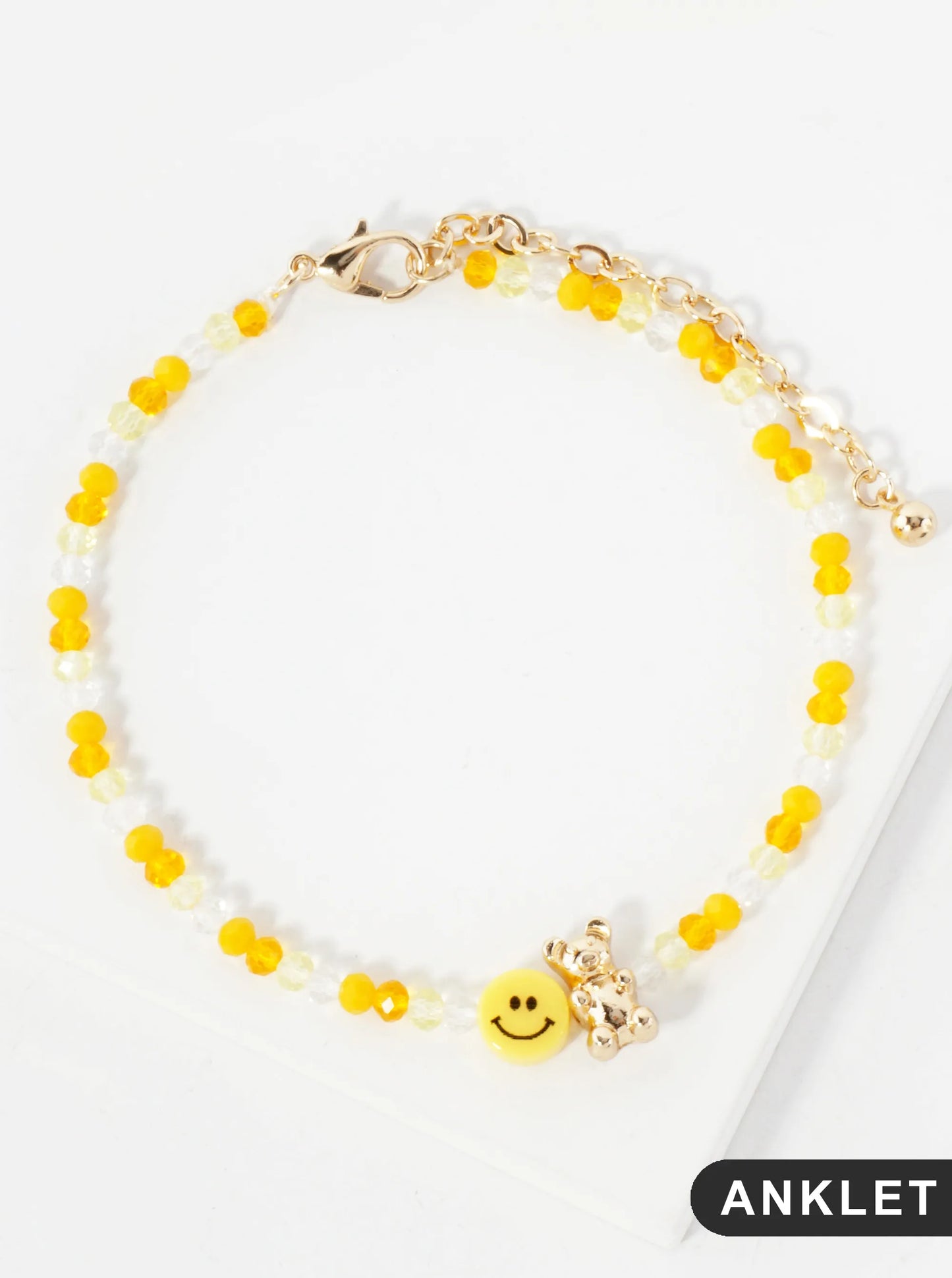 Faceted Glass-Beaded Smiley-Face Gummy-Bear Charm 8-Inch Anklet