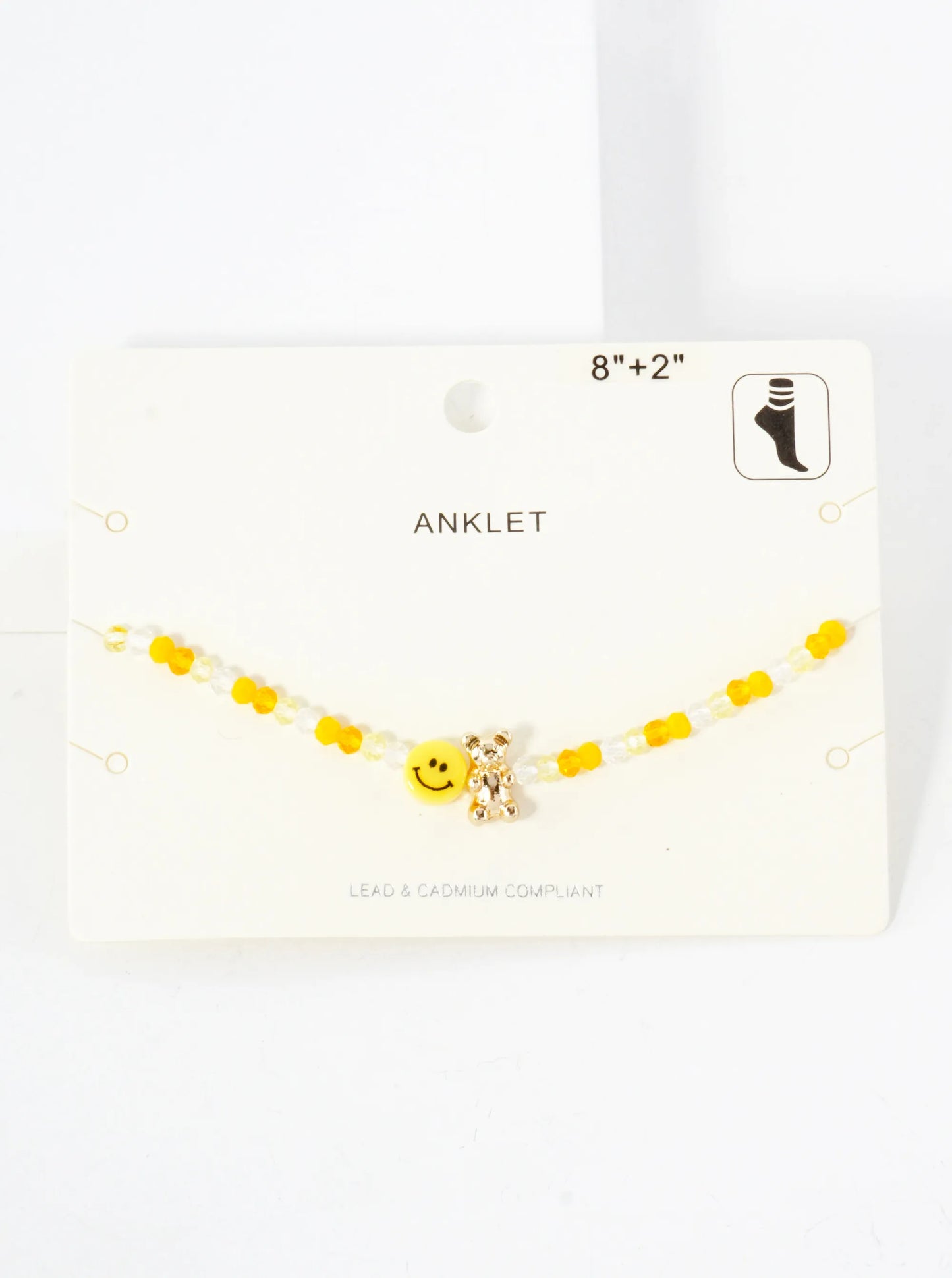 Faceted Glass-Beaded Smiley-Face Gummy-Bear Charm 8-Inch Anklet