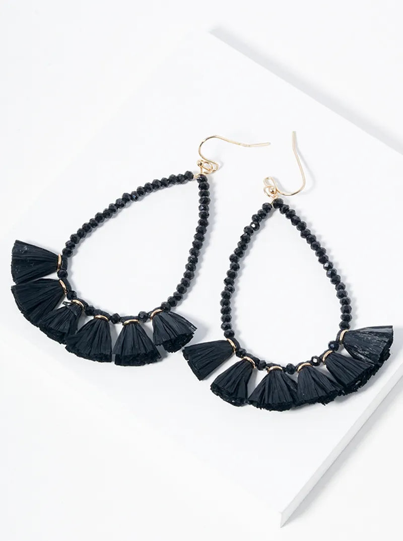 Faceted Glass Beaded Teardrop Raffia Fringe Dangle Drop Earrings