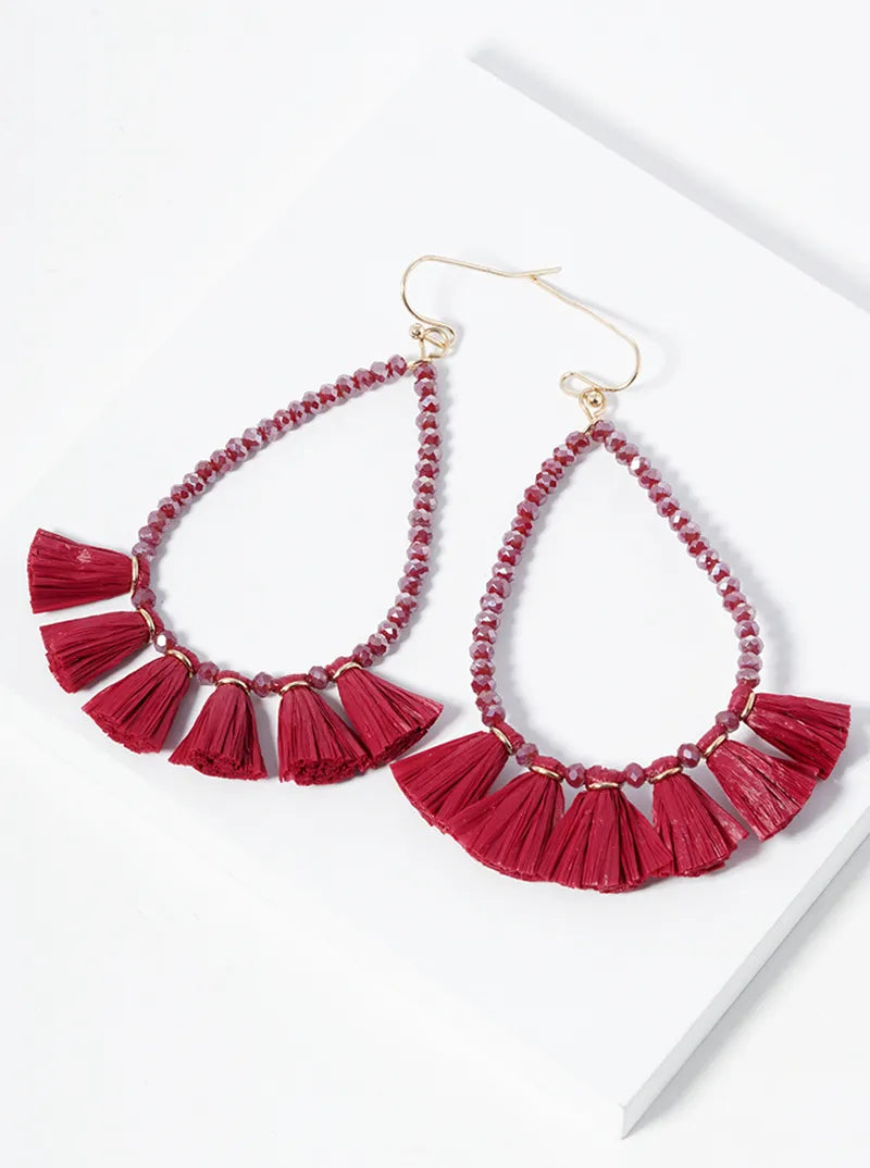 Faceted Glass Beaded Teardrop Raffia Fringe Dangle Drop Earrings