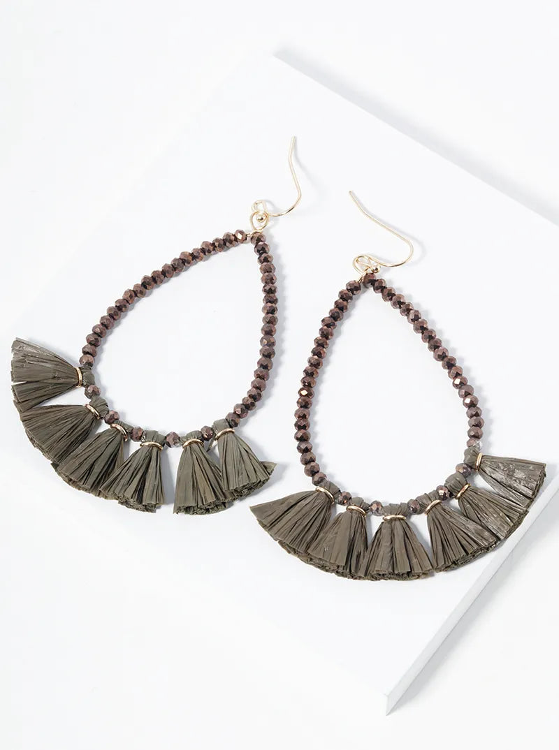 Faceted Glass Beaded Teardrop Raffia Fringe Dangle Drop Earrings