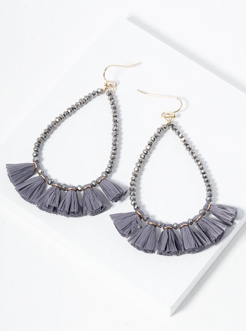 Faceted Glass Beaded Teardrop Raffia Fringe Dangle Drop Earrings