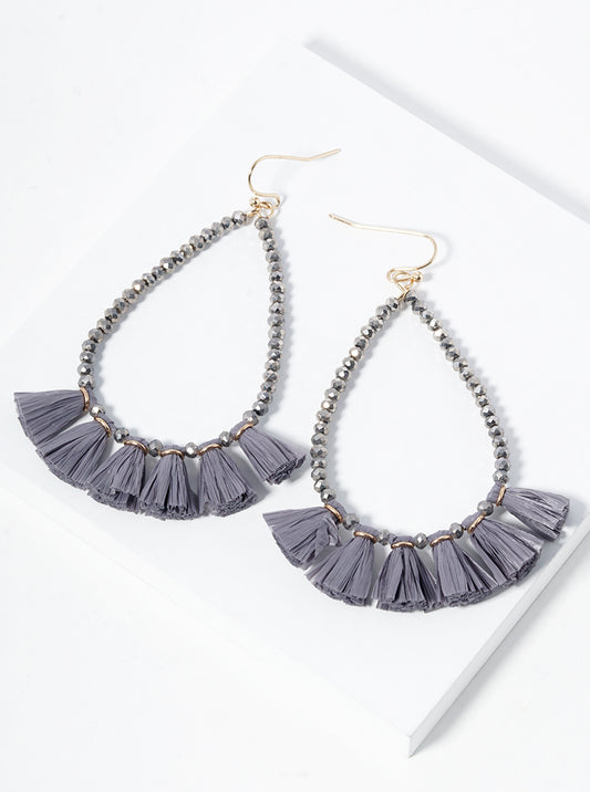 Faceted Glass Beaded Teardrop Raffia Fringe Dangle Drop Earrings