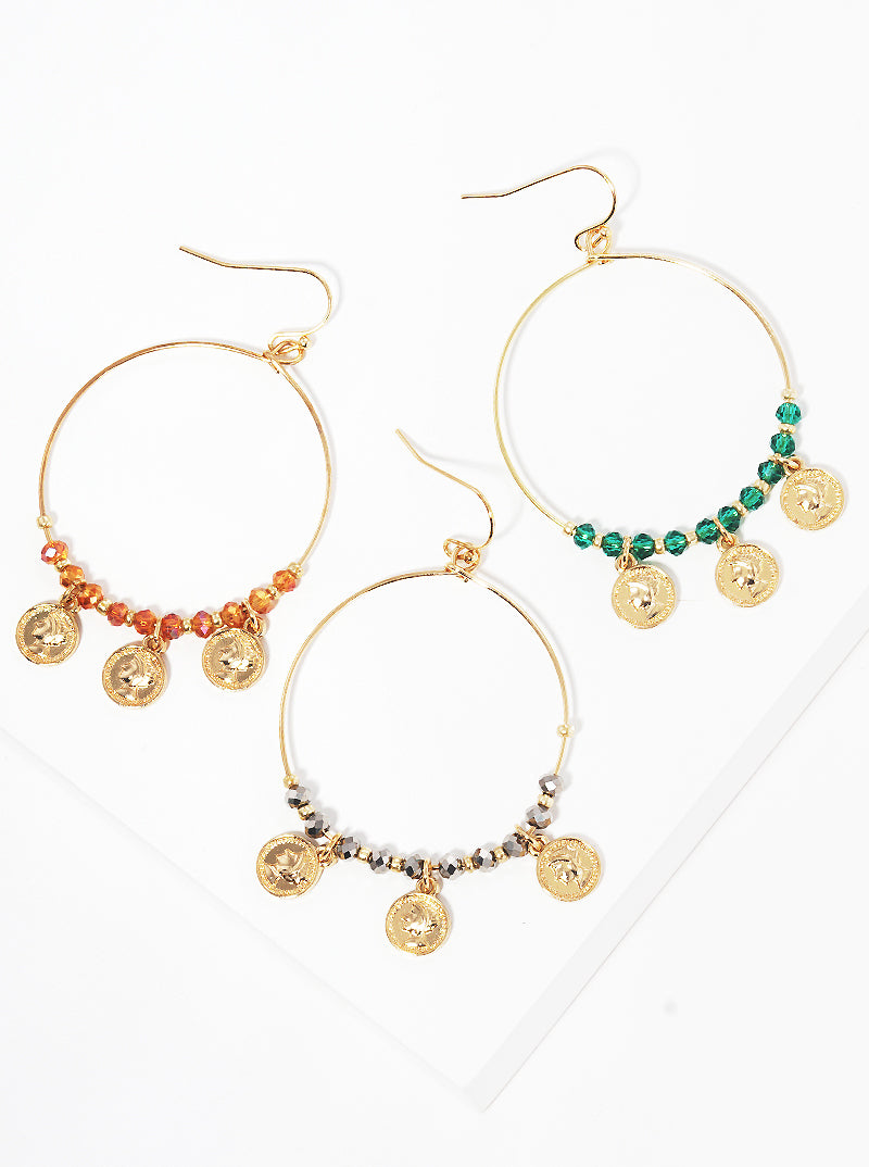 Faceted Glass Beads Coin Drop Wire Fishhook Dangle Drop Earrings