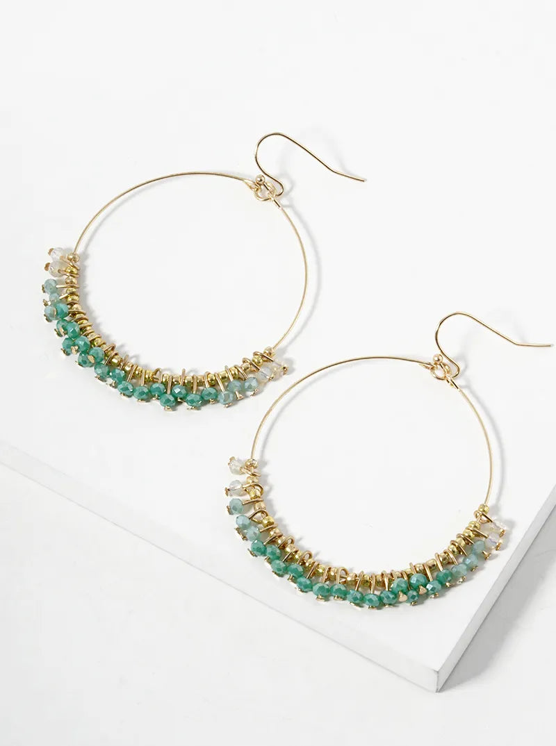 Faceted Glass Beads Wire Wrapped Circle Dangle Drop Earrings