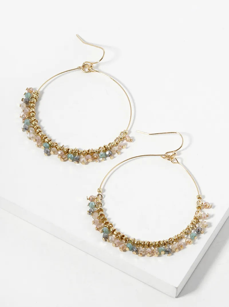 Faceted Glass Beads Wire Wrapped Circle Dangle Drop Earrings
