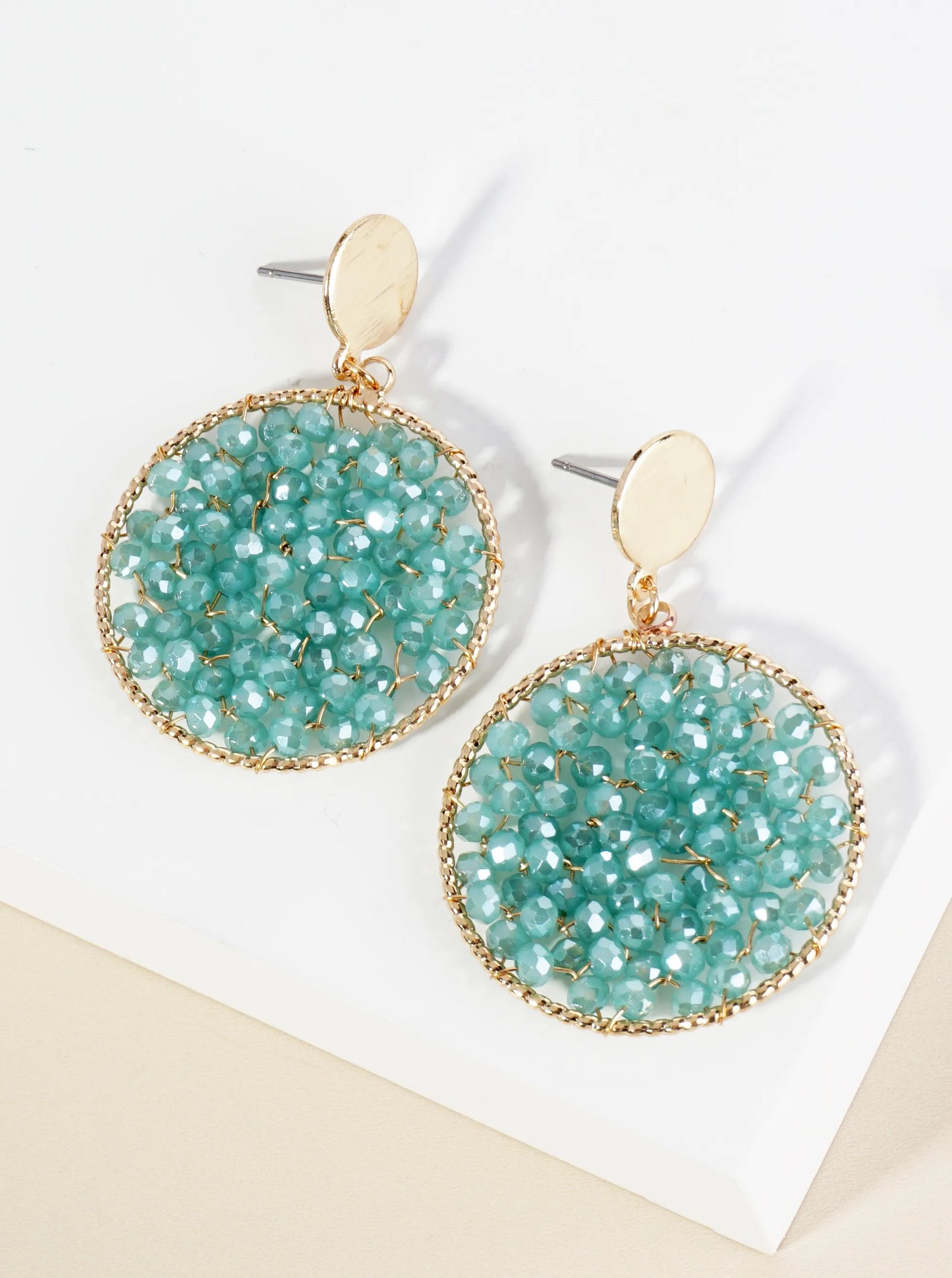 Faceted Glass Beads Wire Wrapped Circle Drop Post Earrings