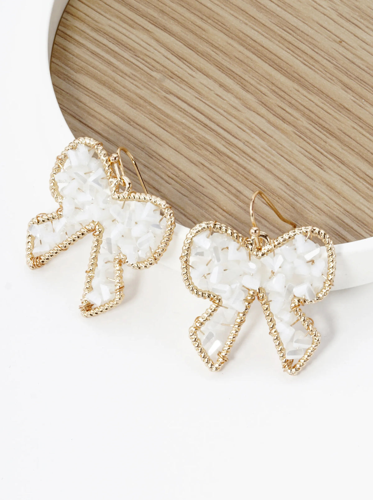 Faceted Glass Beads Wire Wrapped Ribbon Bow Dangle Drop Earrings