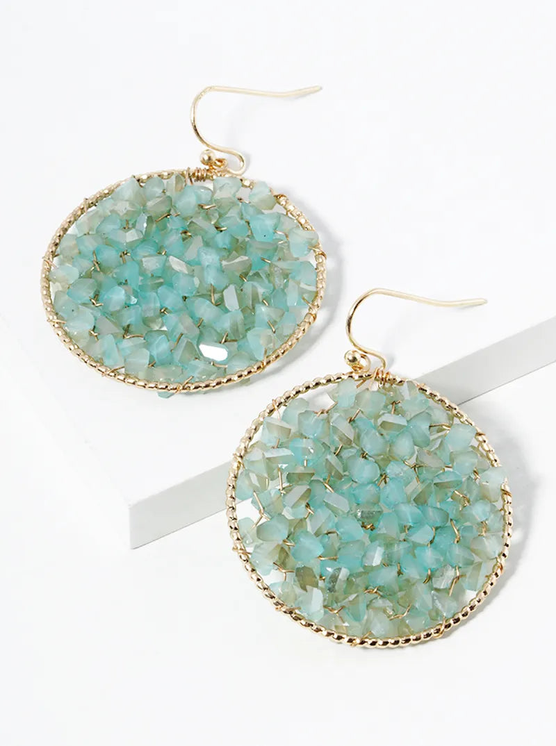 Faceted Glass Beads Wire Wrapped Round Dangle Drop Earrings