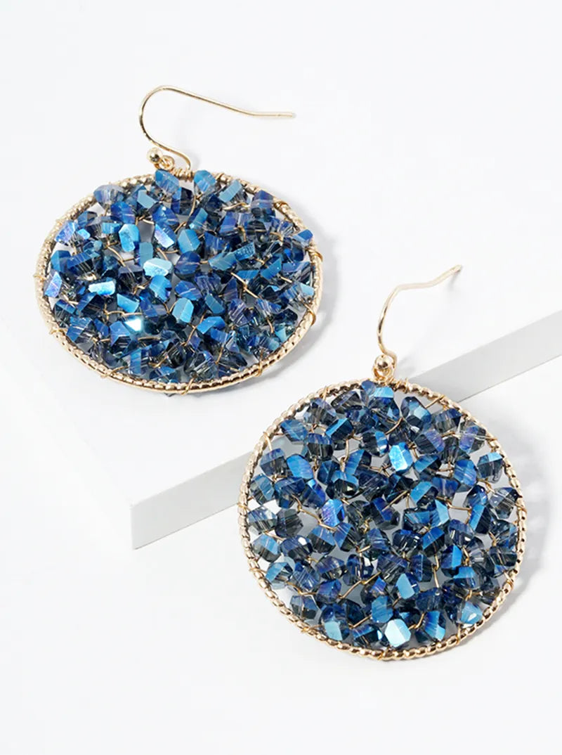 Faceted Glass Beads Wire Wrapped Round Dangle Drop Earrings