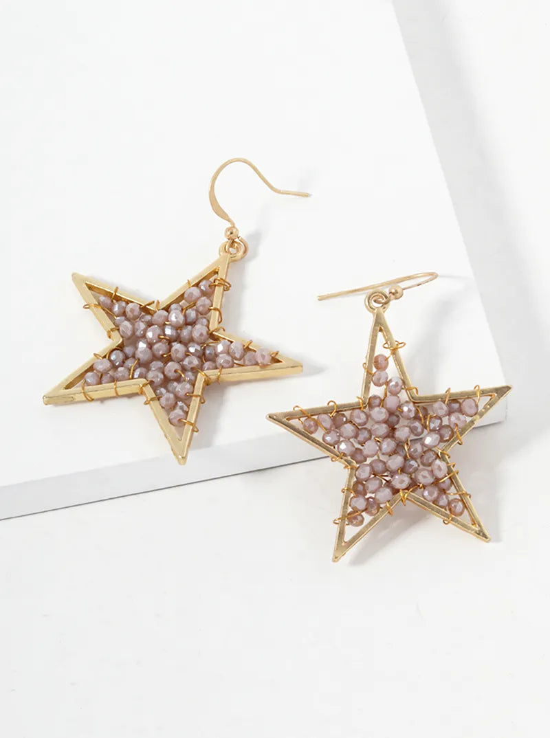 Faceted Glass Beads Wire Wrapped Star Drop Earrings