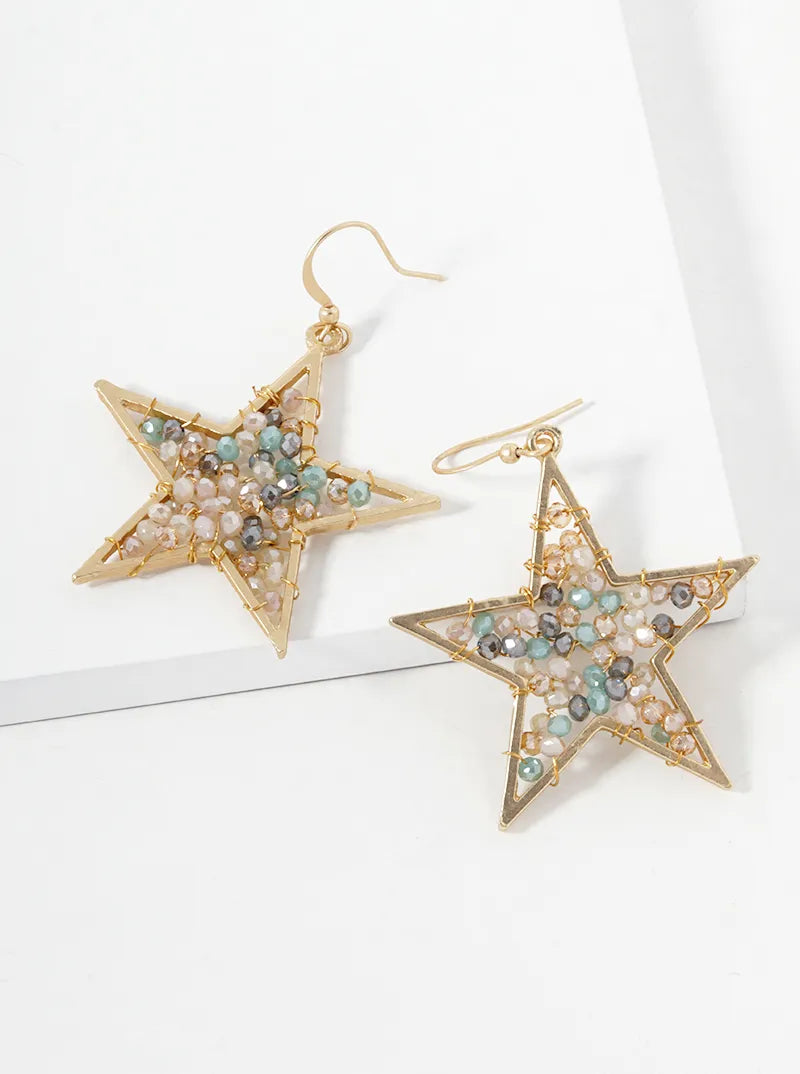 Faceted Glass Beads Wire Wrapped Star Drop Earrings