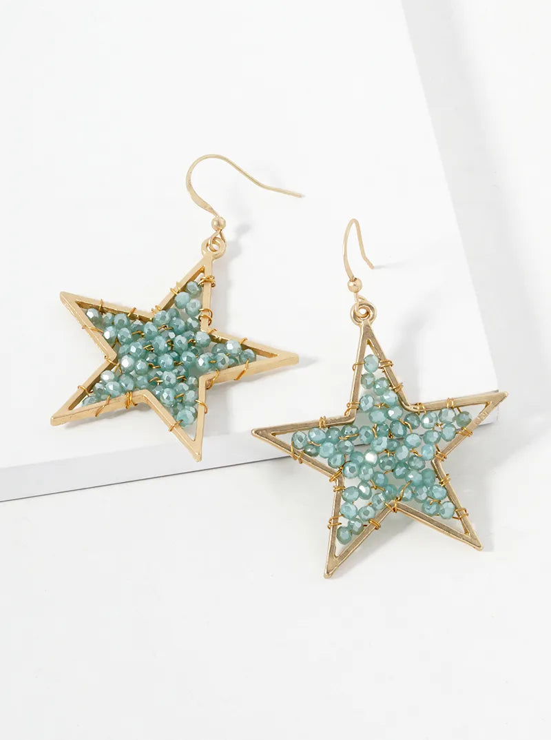 Faceted Glass Beads Wire Wrapped Star Drop Earrings