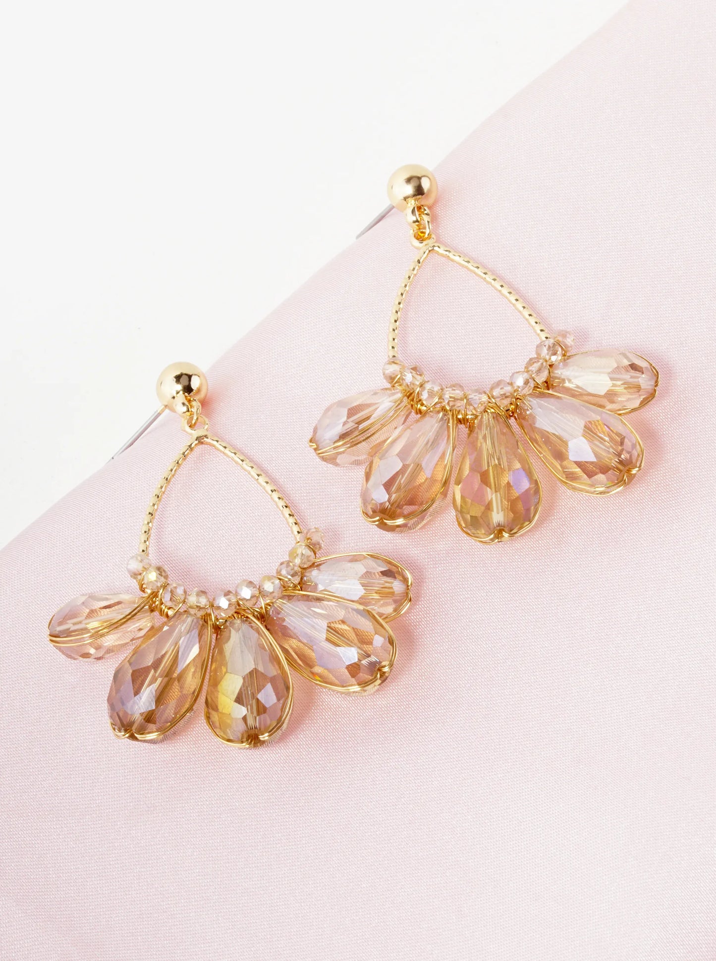 Faceted Glass Beads Wire Wrapped Textured Teardrop Dangle Earrings