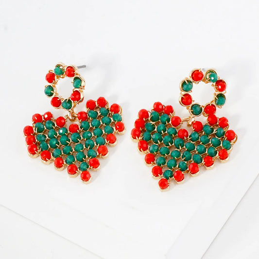 Faceted Glass Beads Wired Wrapped Heart Drop Christmas Earrings