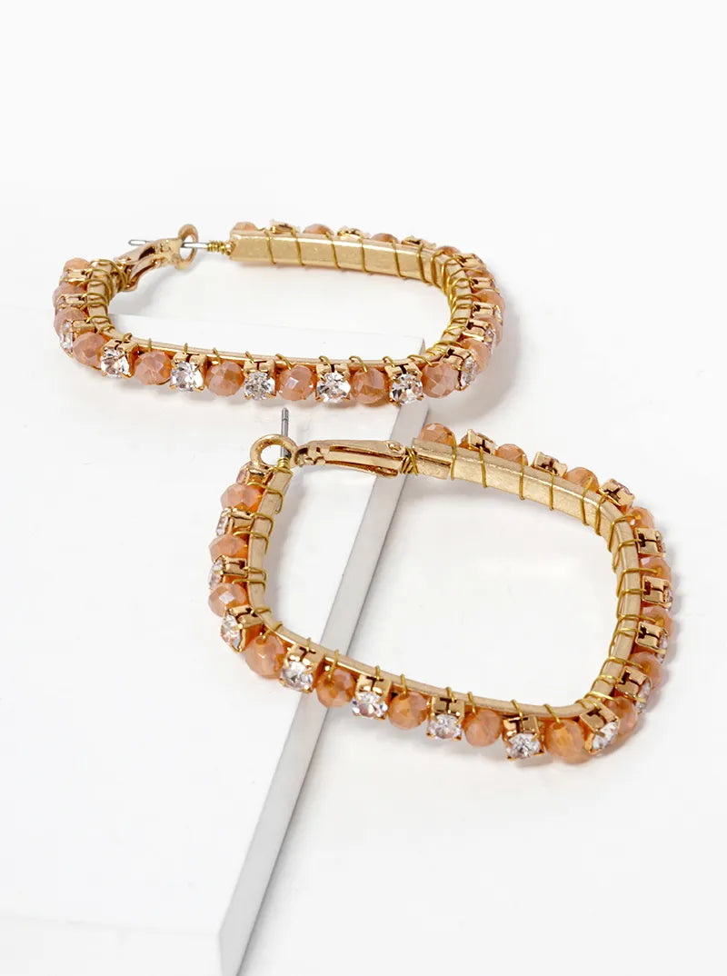 Faceted Glass Beads And Crystal Wire Wrapped 40mm Omega Back Hoop Earrings