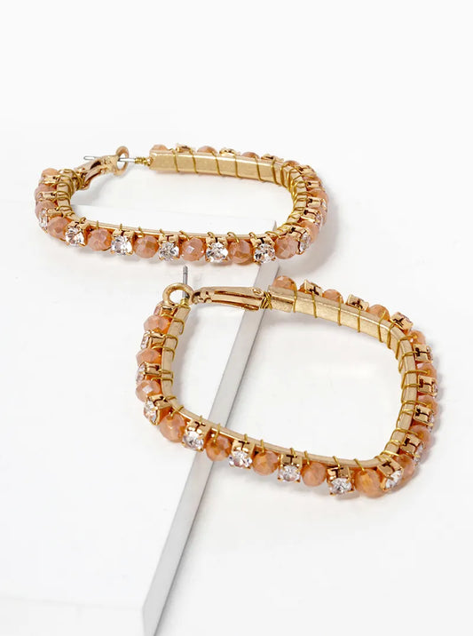 Faceted Glass Beads And Crystal Wire Wrapped 40mm Omega Back Hoop Earrings