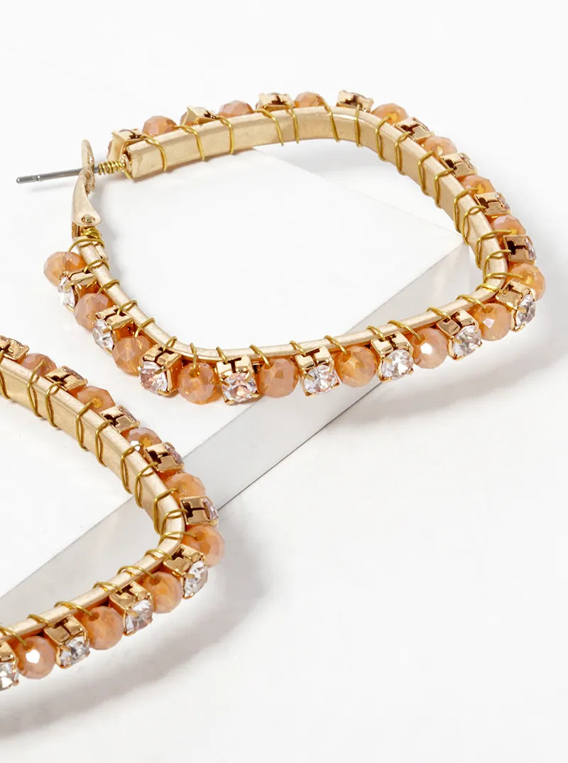 Faceted Glass Beads And Crystal Wire Wrapped 40mm Omega Back Hoop Earrings