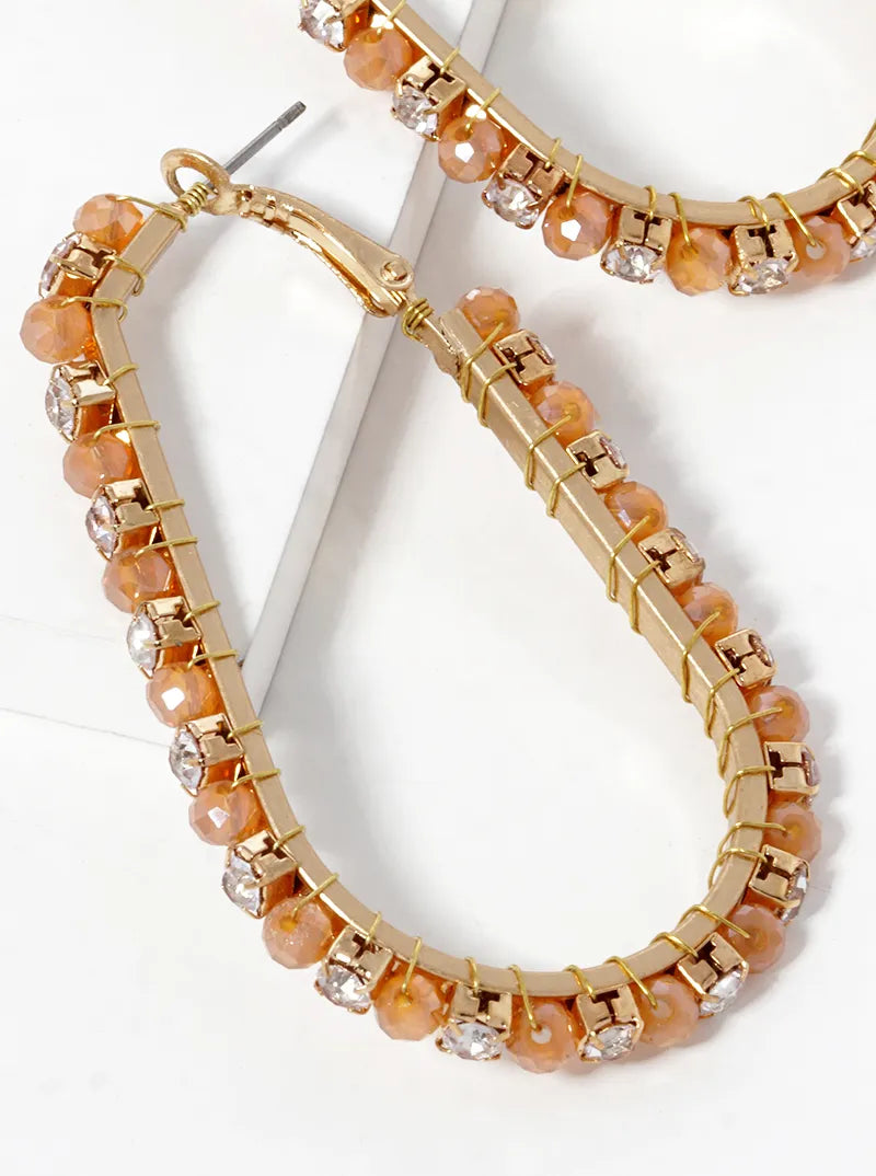 Faceted Glass Beads And Crystal Wire Wrapped 60mm Omega Back Hoop Earrings
