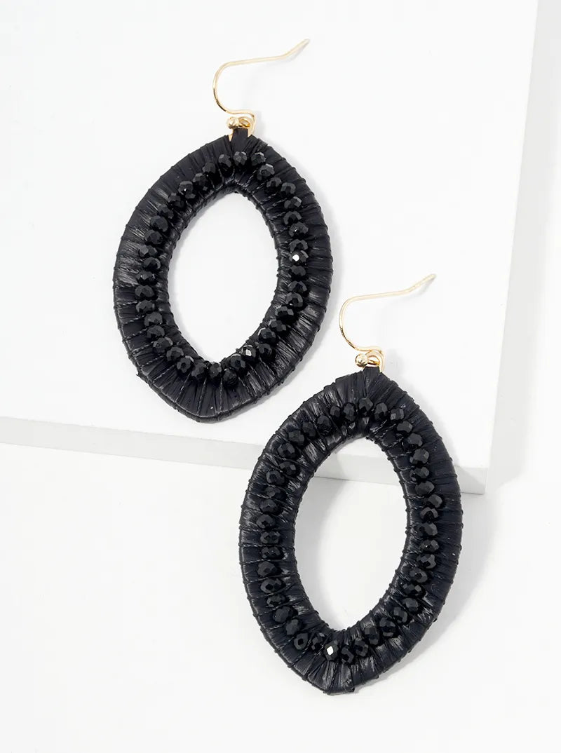 Faceted Glass Beads And Raffia Wrapped Marquise Dangle Drop Earrings