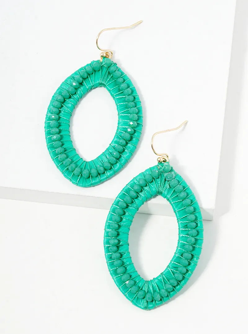 Faceted Glass Beads And Raffia Wrapped Marquise Dangle Drop Earrings