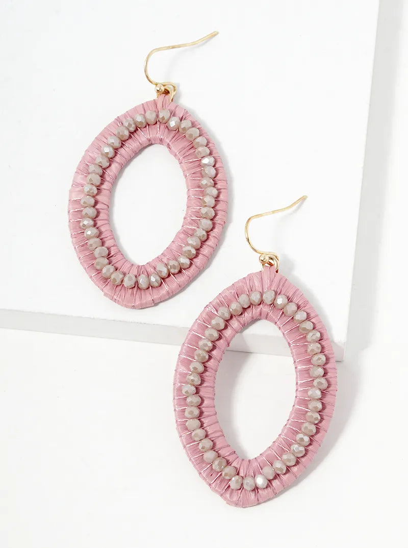 Faceted Glass Beads And Raffia Wrapped Marquise Dangle Drop Earrings