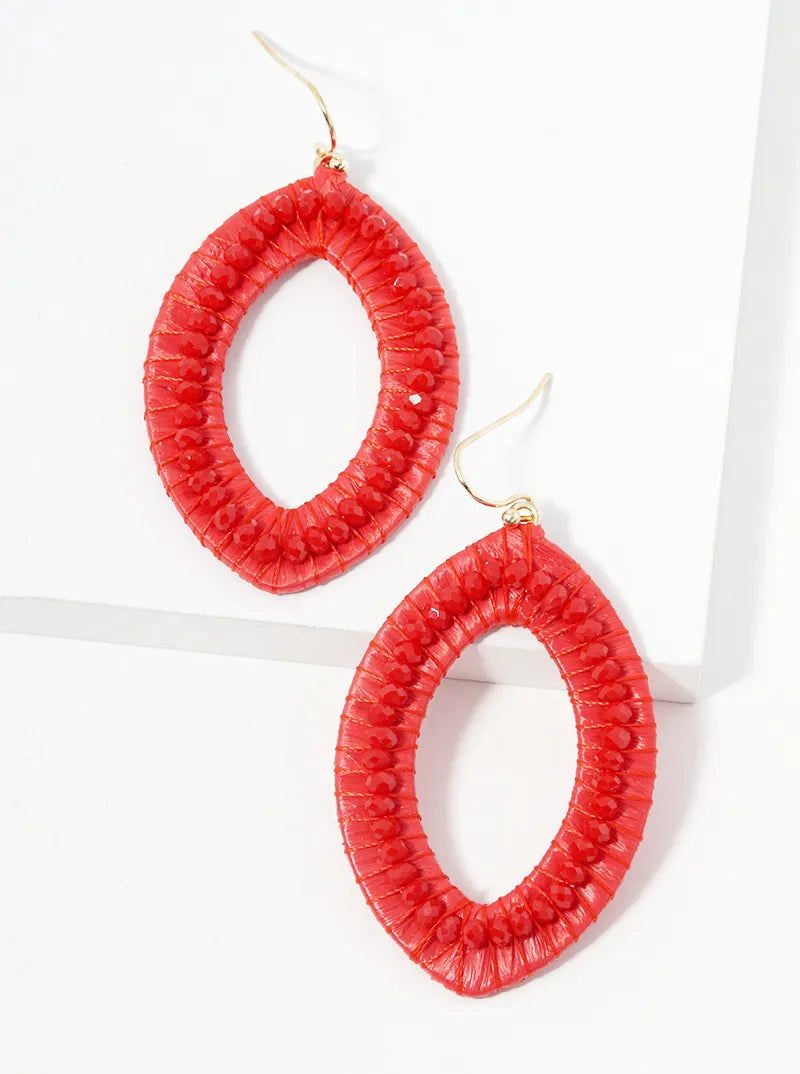 Faceted Glass Beads And Raffia Wrapped Marquise Dangle Drop Earrings