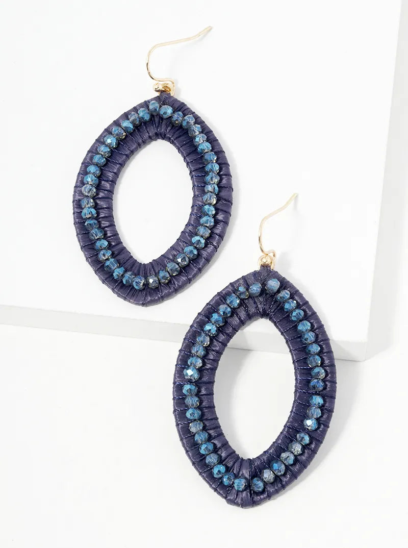 Faceted Glass Beads And Raffia Wrapped Marquise Dangle Drop Earrings