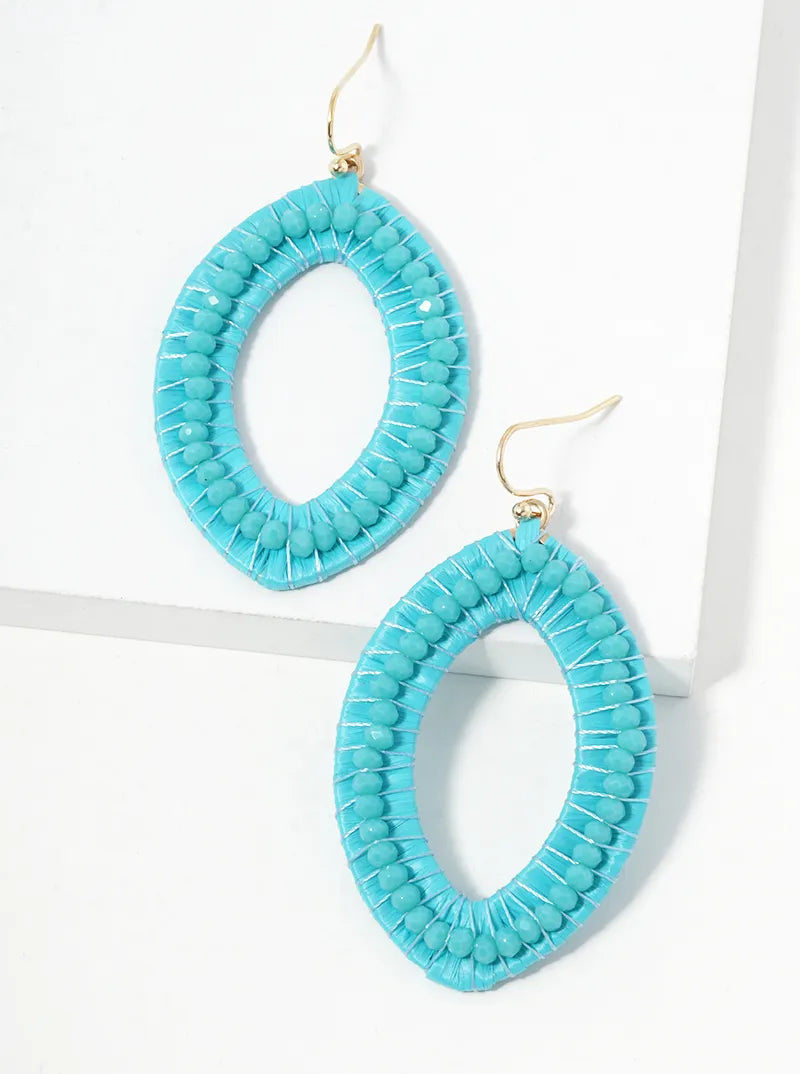 Faceted Glass Beads And Raffia Wrapped Marquise Dangle Drop Earrings