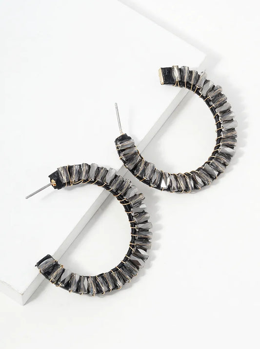 Faceted Glass Beads And Raffia Wrapped Open Hoop Earrings