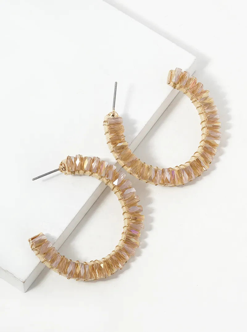 Faceted Glass Beads And Raffia Wrapped Open Hoop Earrings