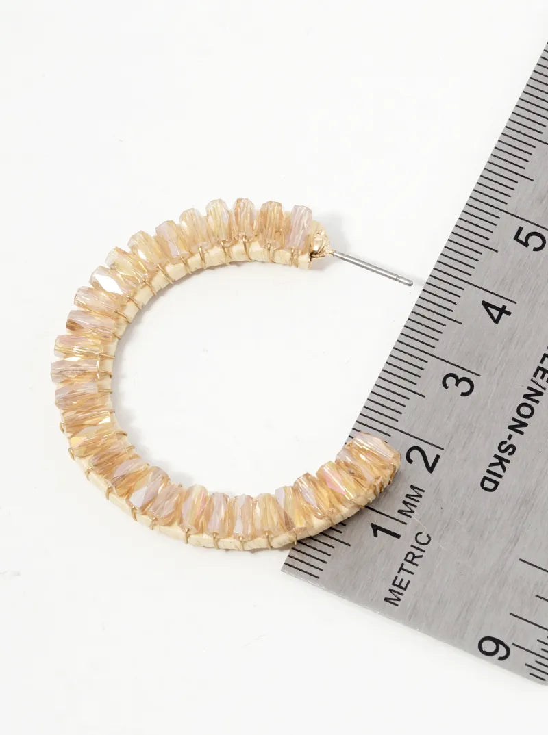 Faceted Glass Beads And Raffia Wrapped Open Hoop Earrings