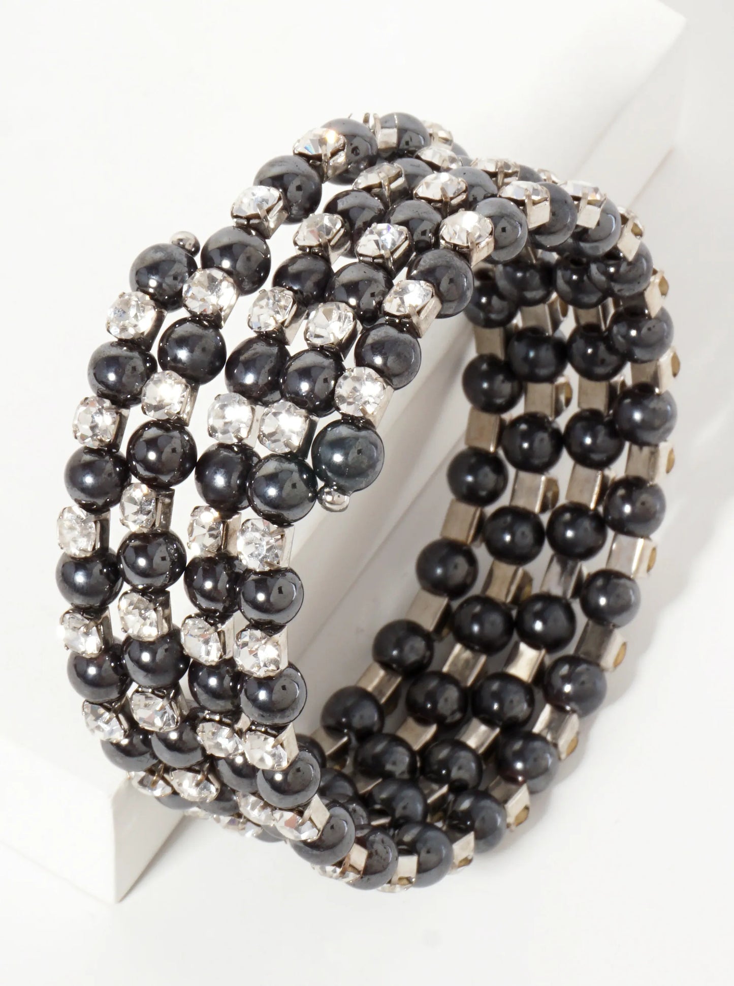Faceted-Glass-Beads And Rhinestone Stretch Wrap Coil Bracelet