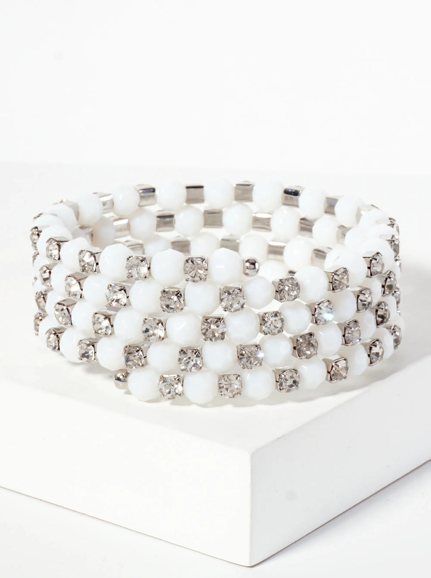 Faceted-Glass-Beads And Rhinestone Stretch Wrap Coil Bracelet