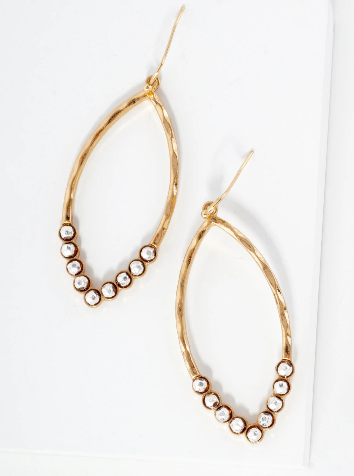 Faceted Metal Beaded Hammered-Texture Marquise-Shaped Dangle Earrings