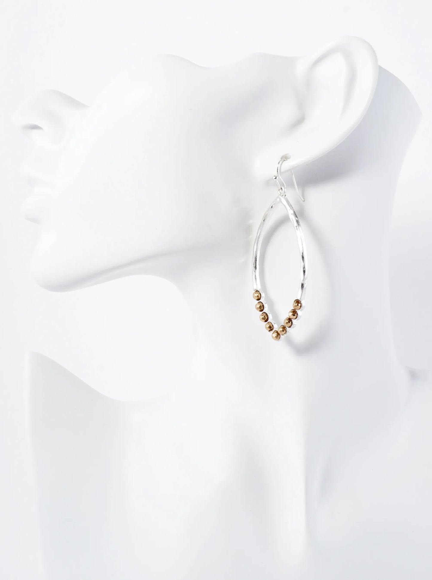 Faceted Metal Beaded Hammered-Texture Marquise-Shaped Dangle Earrings