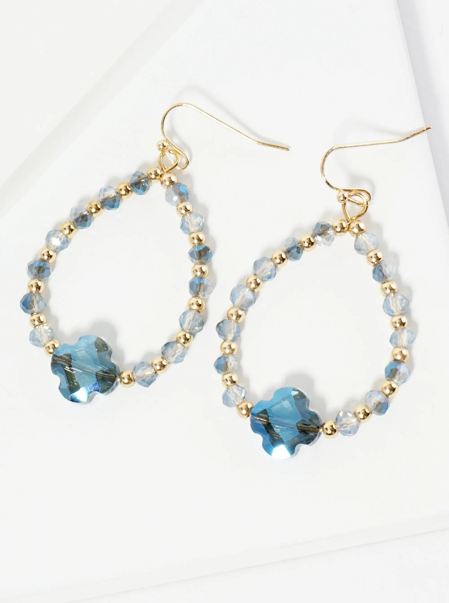 Faceted Quatrefoil Glass Bead Accent Wire Teardrop Dangle Earrings