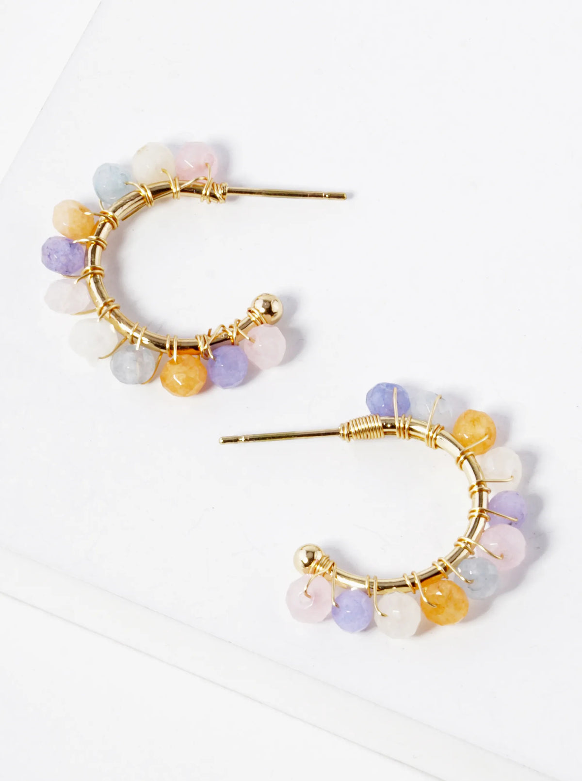 Faceted Semi-Precious Beads Wire Wrapped 15mm Hoop Earrings