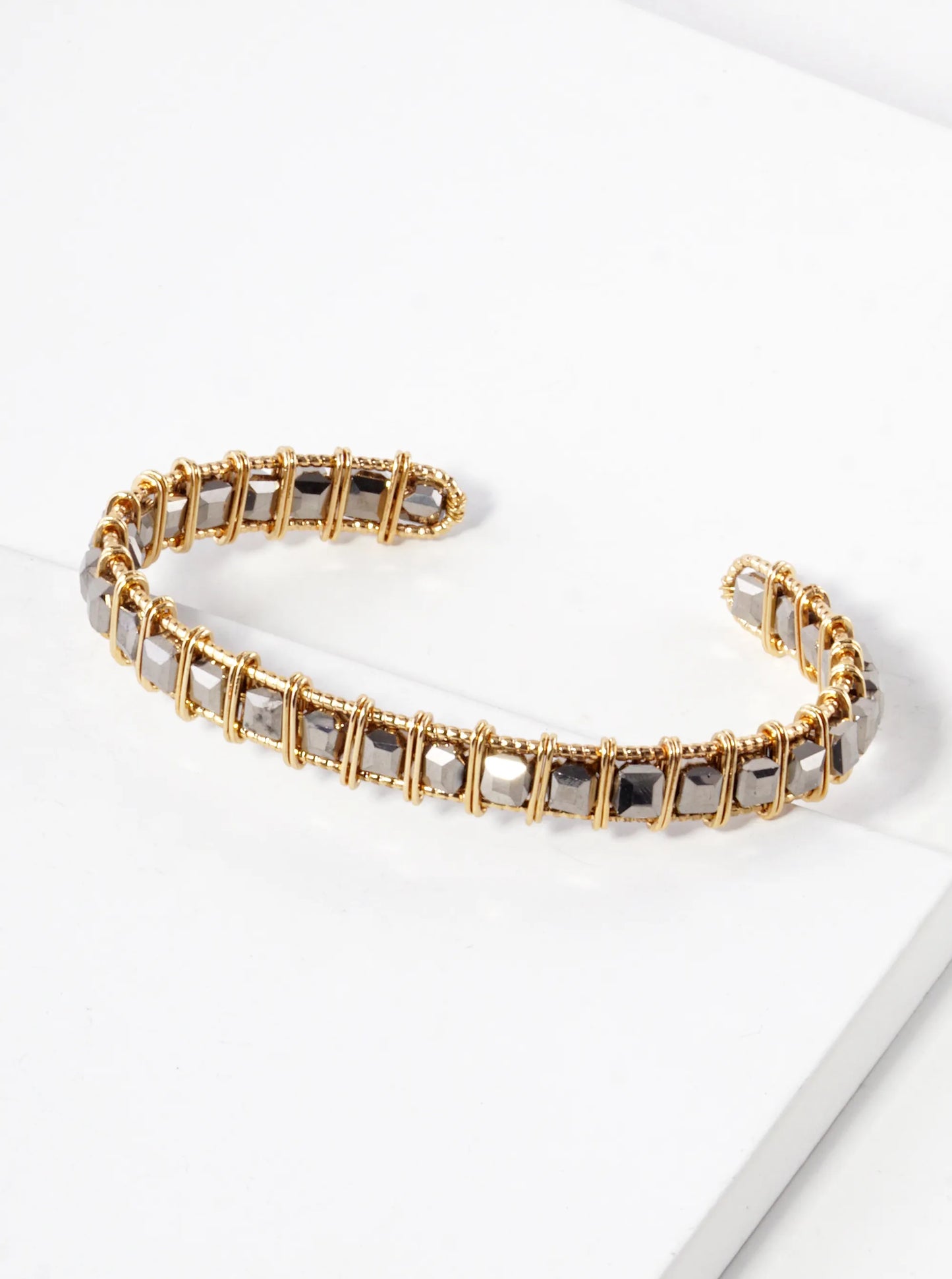 Faceted Square Beads Wired Cuff Bracelet