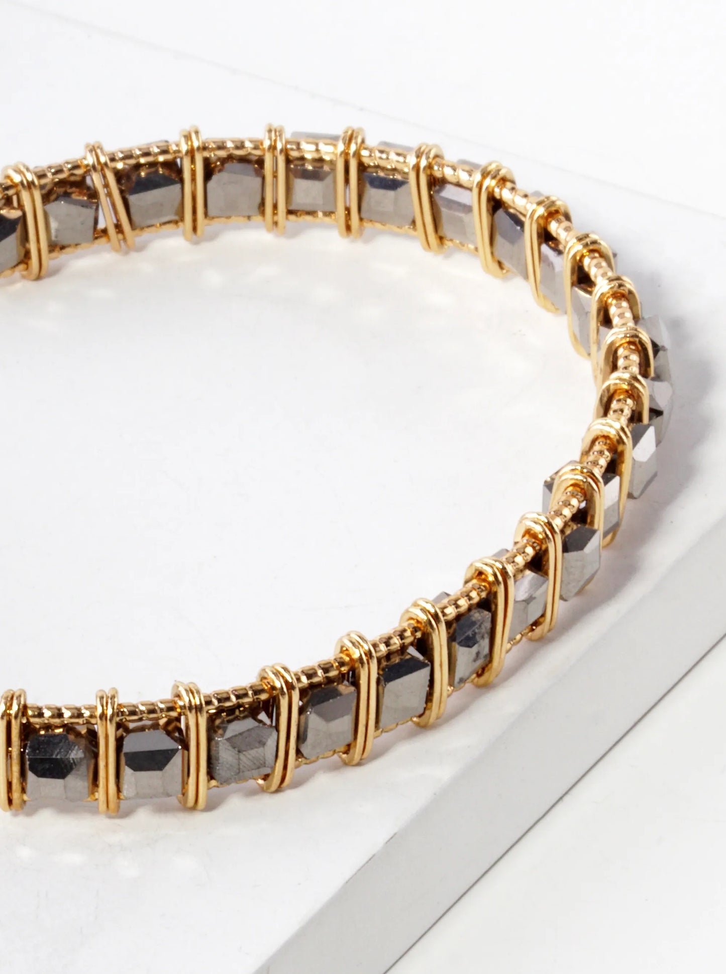 Faceted Square Beads Wired Cuff Bracelet
