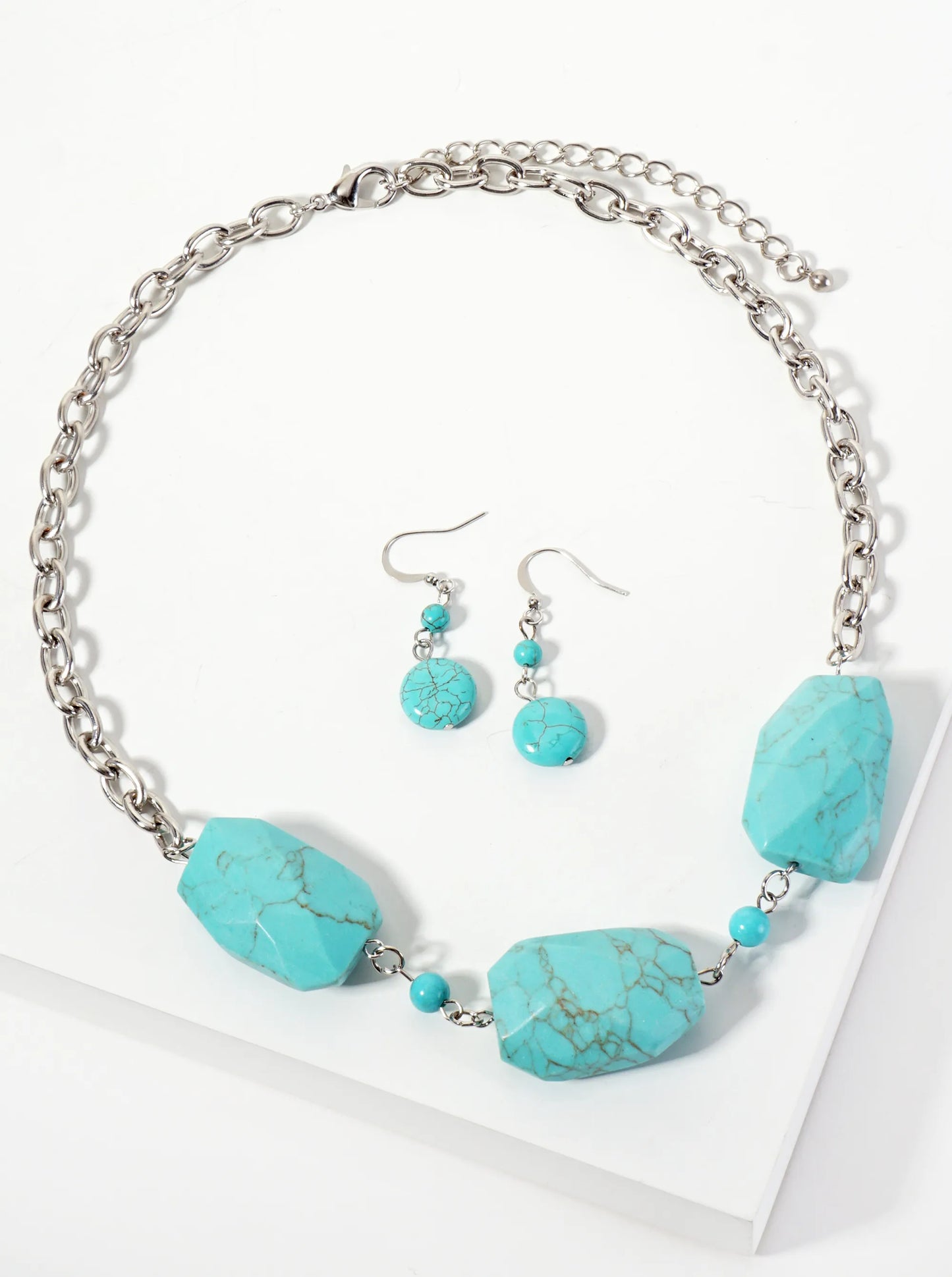 Faceted Three Turquoise Semi-Precious Natural-Stones Necklace Set-with-Earrings