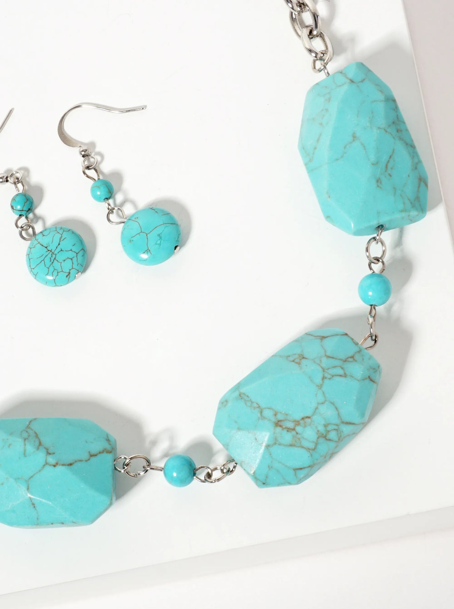 Faceted Three Turquoise Semi-Precious Natural-Stones Necklace Set-with-Earrings